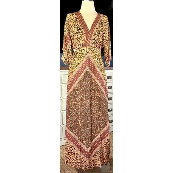 knee length dresses for ladies Farm Rio Baby Leopard Ruffle Long Sleeve Maxi Shirtdress in Baby Leopard Pink at Nordstrom, Size Small main image 1